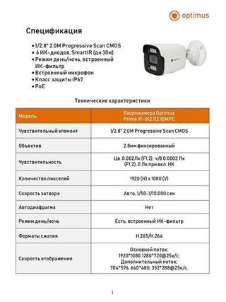Видеокамера Optimus Prime IP-012.1(2.8)MPC