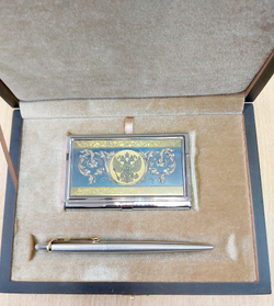 Набор "Гербовый" №5 визитница (цирконий), ручка Паркер мет.