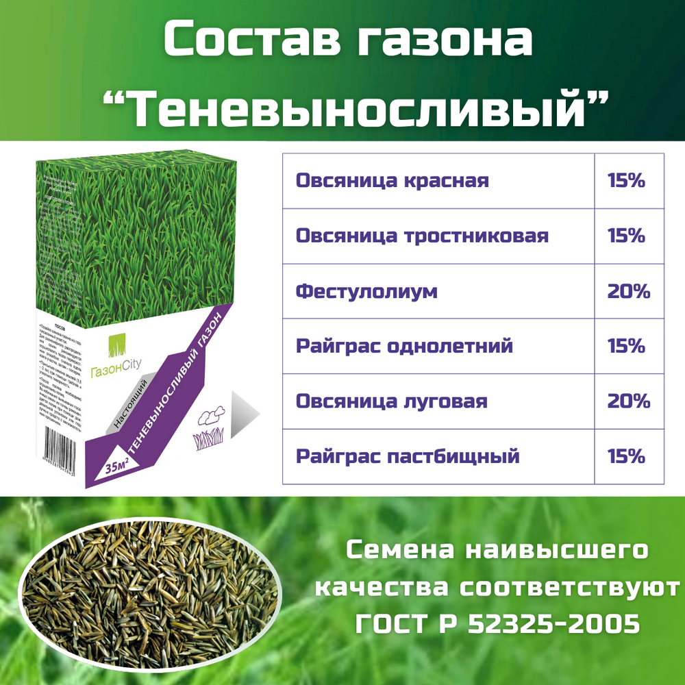 Семена газонной травы, травосмесь Теневыносливый газон, 1 кг/овсяница красная, овсяница тростниковая, фестулолиум, райграс однолетний, овсяница луговая, райграс пастбищный/Газон Сити