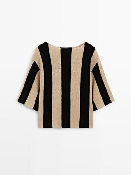 Massimo Dutti Трикотажный свитер из смесового хлопка в полоску, черный