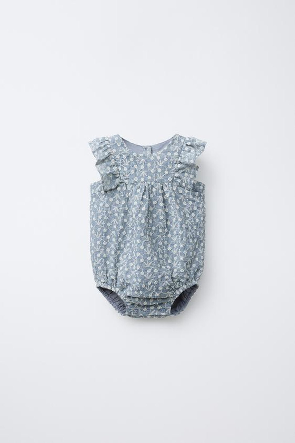 ZARA КОМБИНЕЗОН С ВЫШИВКОЙ, ЦВЕТАМИ И ОБОРАМИ, СИНИЙ С МЕЛАНЖЕВЫМ ЭФФЕКТОМ