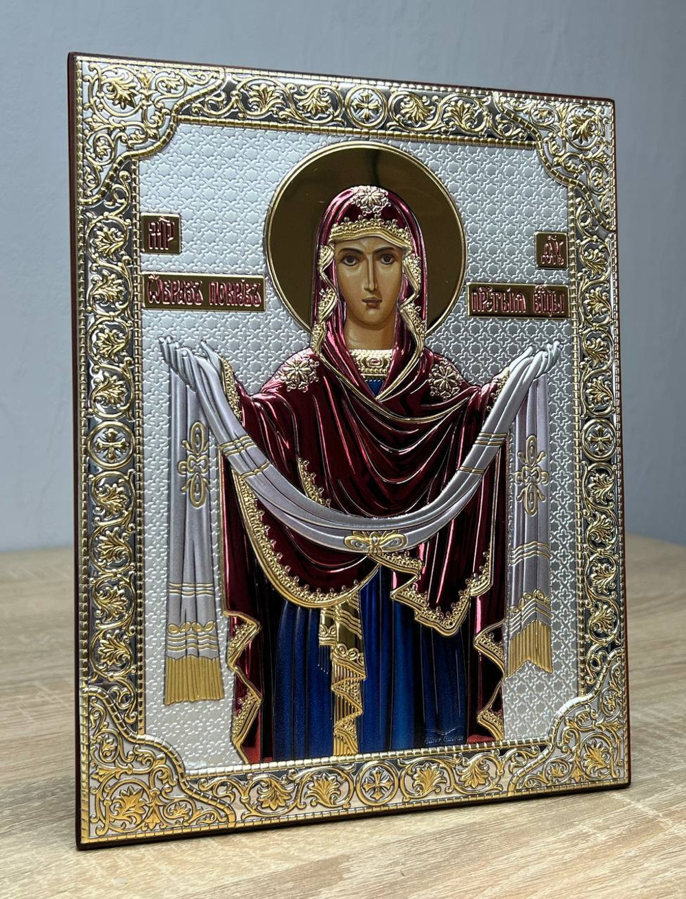 Покрова, икона прямоугольная без рамки, красное дерево, эмаль 150х200