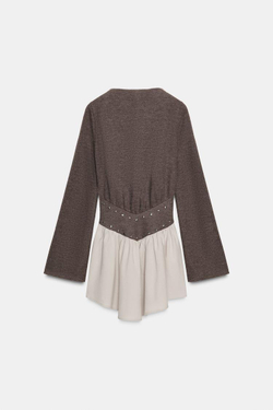ZARA КОМБИНИРОВАННОЕ ПЛАТЬЕ С ЗАКЛЕПКАМИ, СЕРО-КОРИЧНЕВЫЙ МЕЛАНЖ