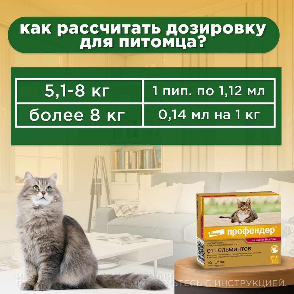 Капли на холку от глистов для кошек Профендер от 5-8кг. 2 пипетки в упаковке, Эмодепсид/Празиквантел