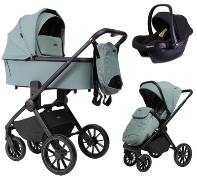 Детская коляска Peppy Monaco 3 в 1 с автокреслом Rise Mint (мятный), рама черная