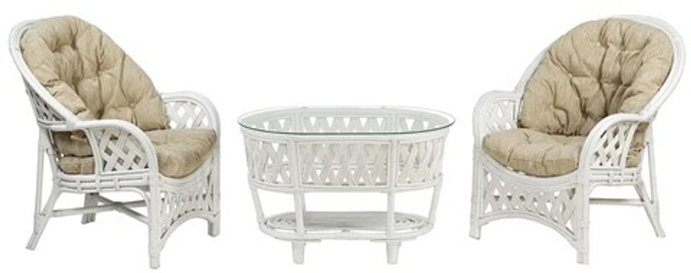 Садовый комплект мебели Черчилль Дуэт (белый, со светлой подушкой, 2 кресла+овальный стол)