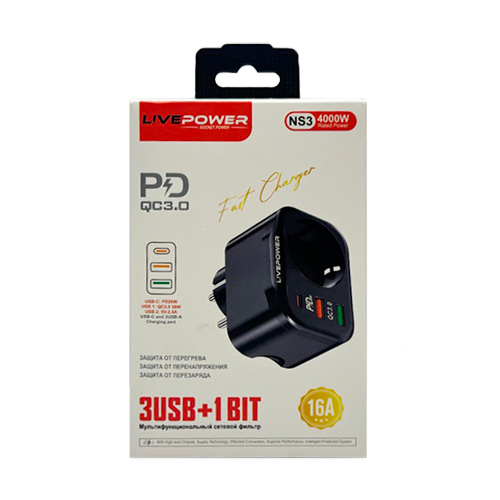 Сетевой фильтр 1 с/з+2USB+PD 38Вт QC3.0+PD20Вт черный NS-3