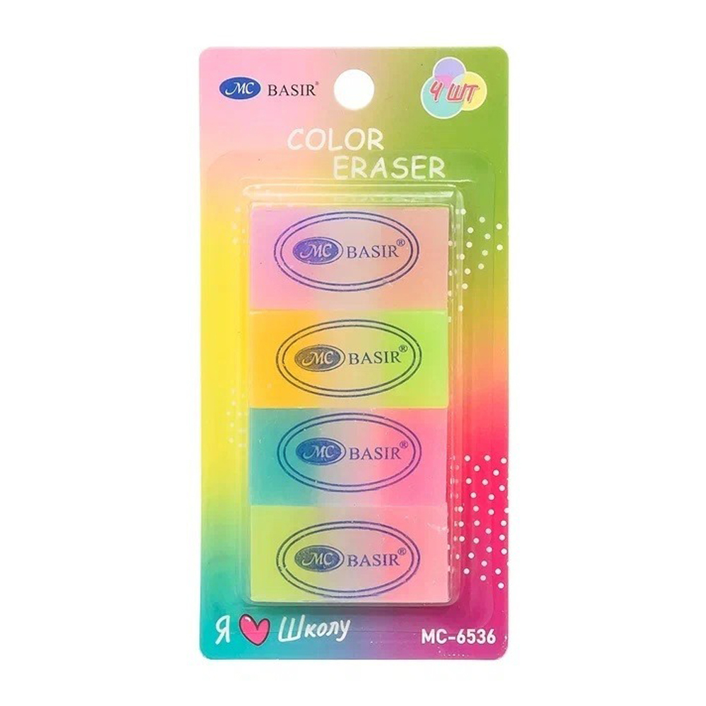 Ластик Basir, прямоугольная форма, серия "Color", цветной радужный корпус, 4 шти, размер 4.4*2.2 см