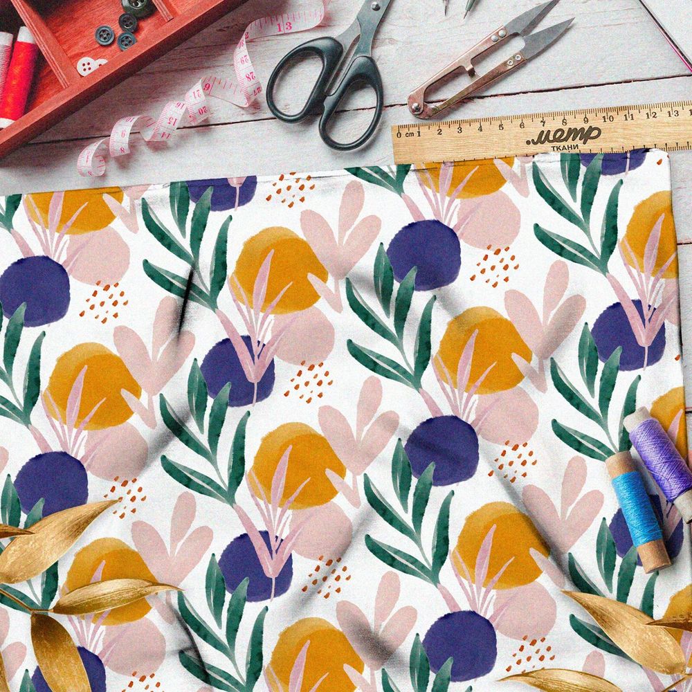 Ткань шелк Армани цветные круги и листва на белом фоне