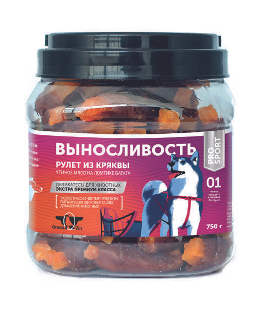 Лакомство для собак "Грин Кьюзин" GREEN QZIN ВЫНОСЛИВОСТЬ (Сушеное утиное мясо на ломтике батата) 750гр