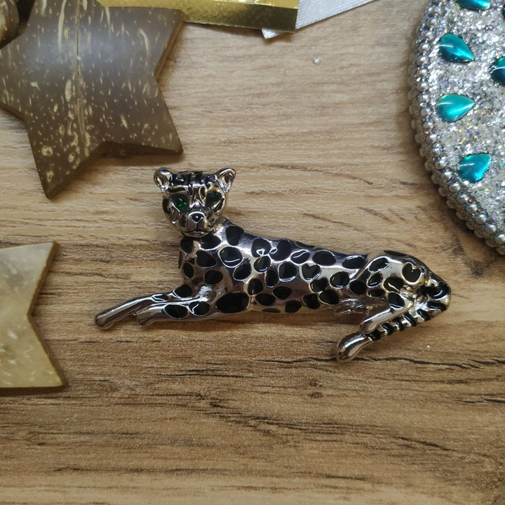 Брошь-кулон Леопард эмаль черная металл серебристый