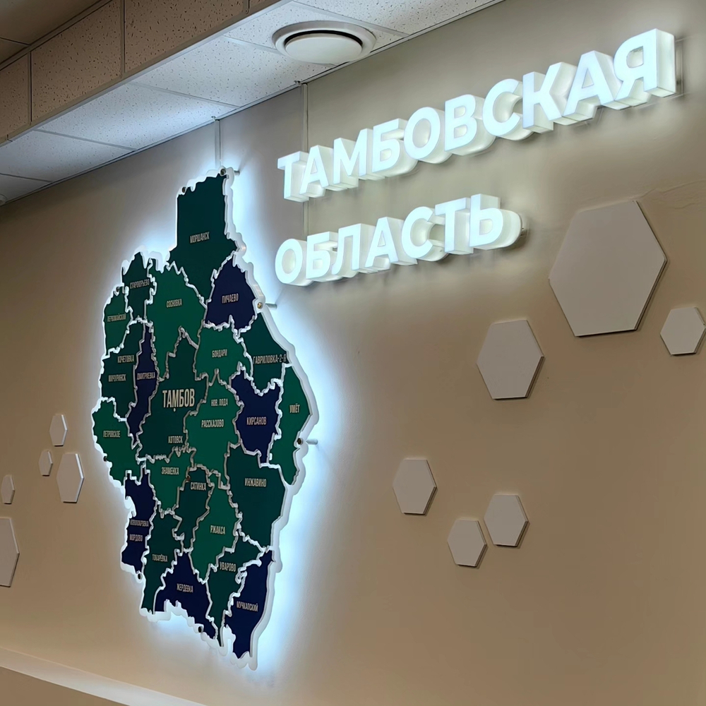 Карта Тамбовской области 1,3х1,5м настенная с подсветкой на дистанционных держателях