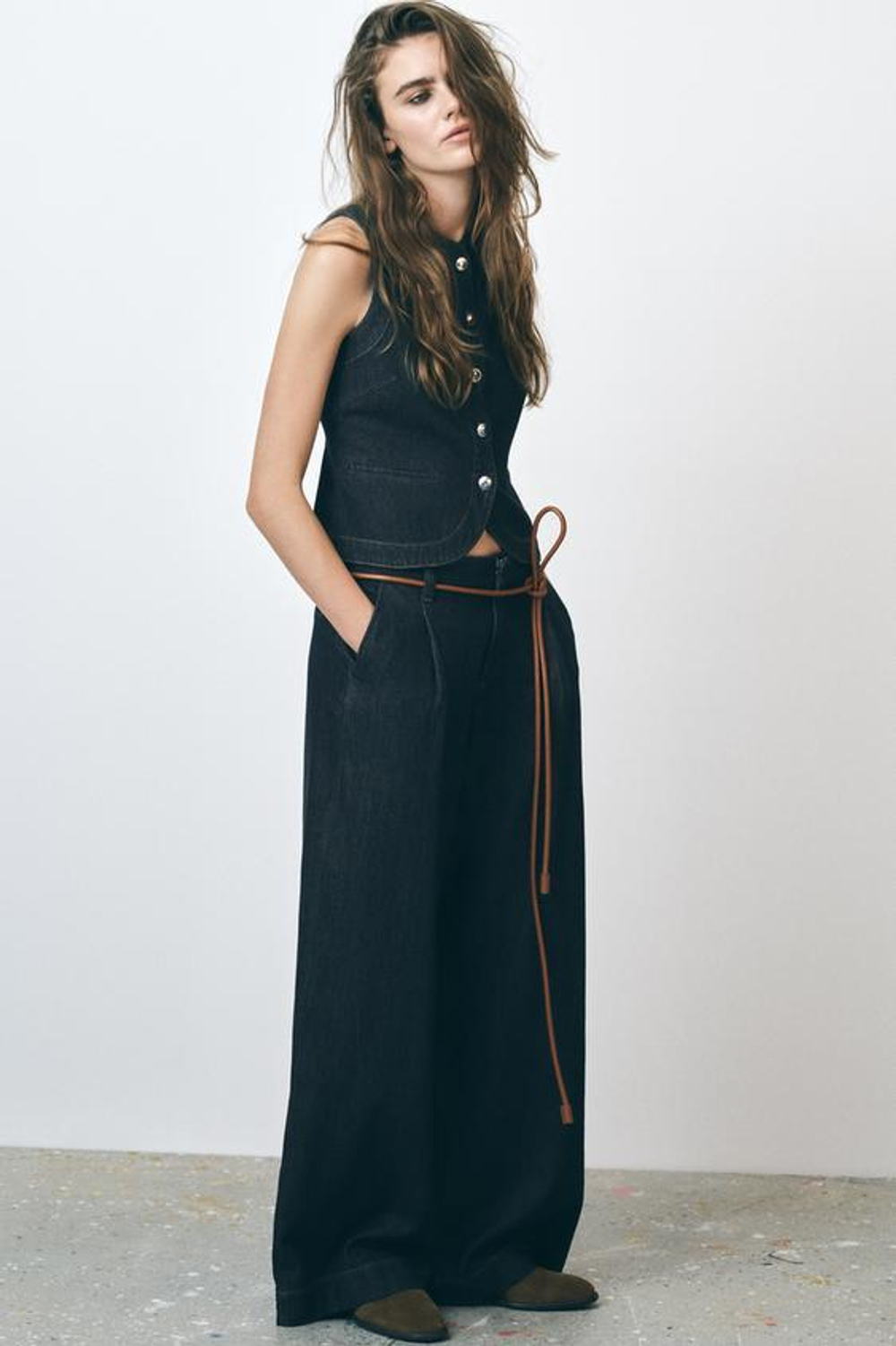 ZARA ДЖИНСЫ Z1975 WIDE LEG СО СРЕДНЕЙ ПОСАДКОЙ И ЗАЩИПАМИ, СИНИЙ