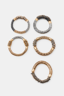 ZARA НАБОР ИЗ 5 ЭЛАСТИЧНЫХ КОМБИНИРОВАННЫХ БРАСЛЕТОВ, ЗОЛОТОЙ/СЕРЕБРЯНЫЙ