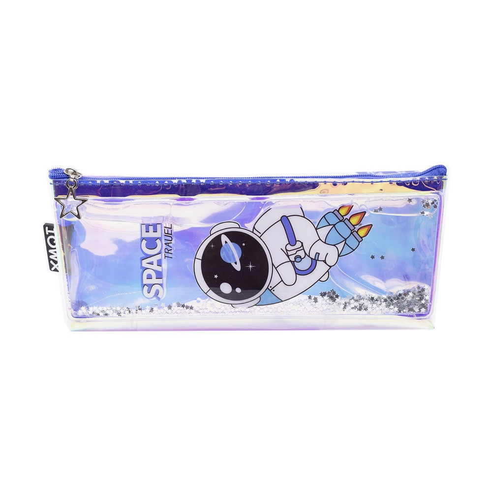 Пенал - косметичка Alingar, ПВХ-голографика, молния, жидкость, звездочки, 80 х 210 мм, "Космонавт на ракете", голубой (космонавт на ракете)