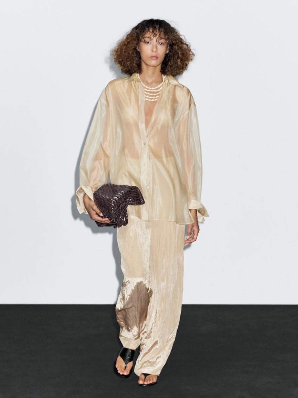 Massimo Dutti Рубашка из органзы со смесью шелка тутового дерева, бежевый