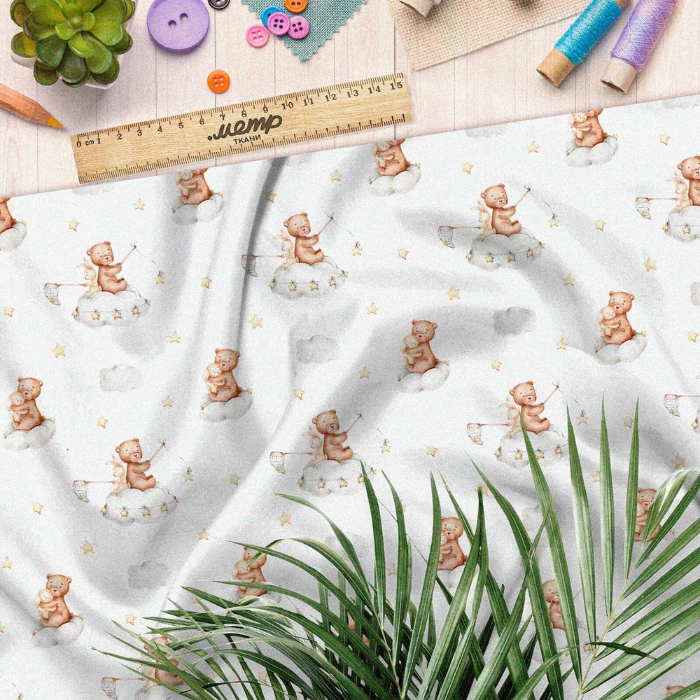 Ткань лен мишка с удочкой