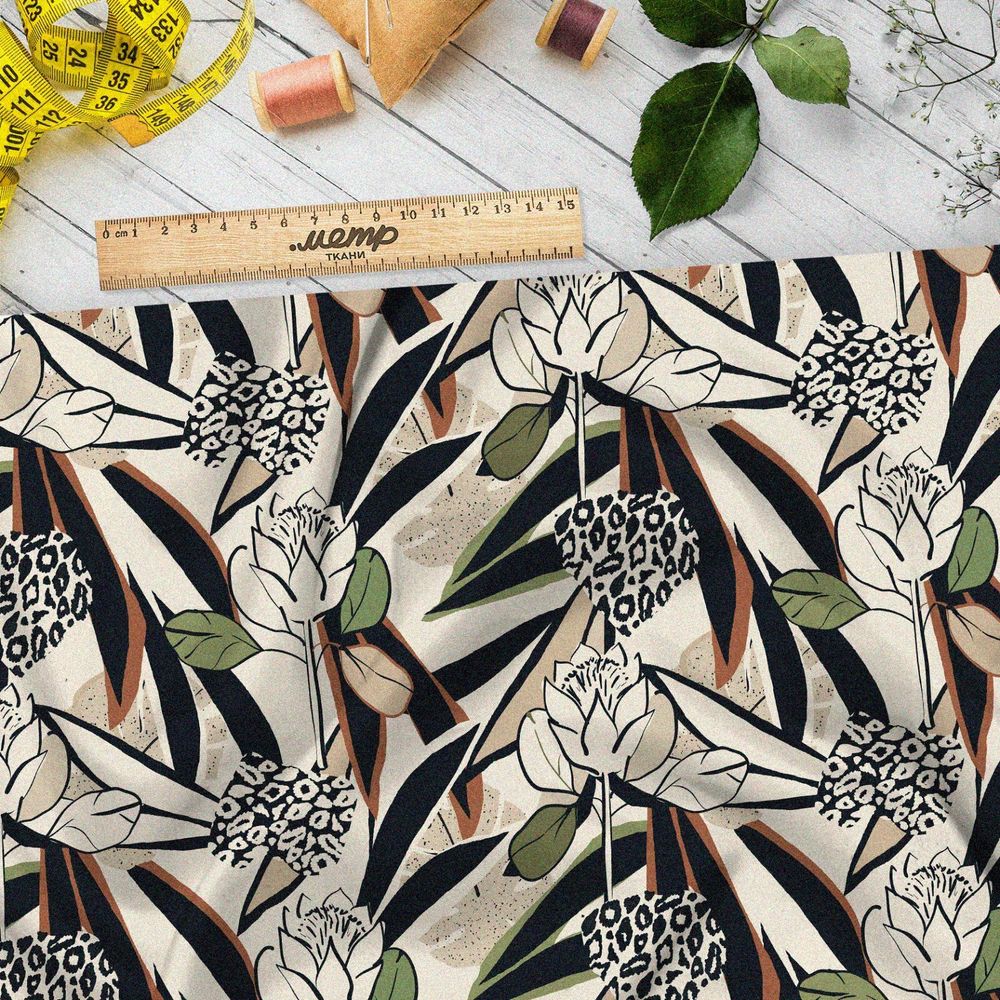 Ткань таффета чёрно-белый стиль цветов