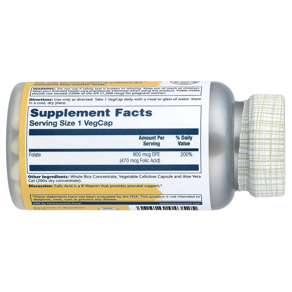 Solaray, фолиевая кислота, 470 мкг (800 мкг DFE), 100 растительных капсул