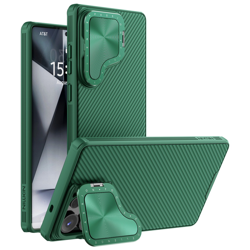 Чехол зеленого цвета (Dark Green) от Nillkin с металлической крышкой для камеры на Samsung Galaxy S25 Ultra, серия CamShield Prop Case