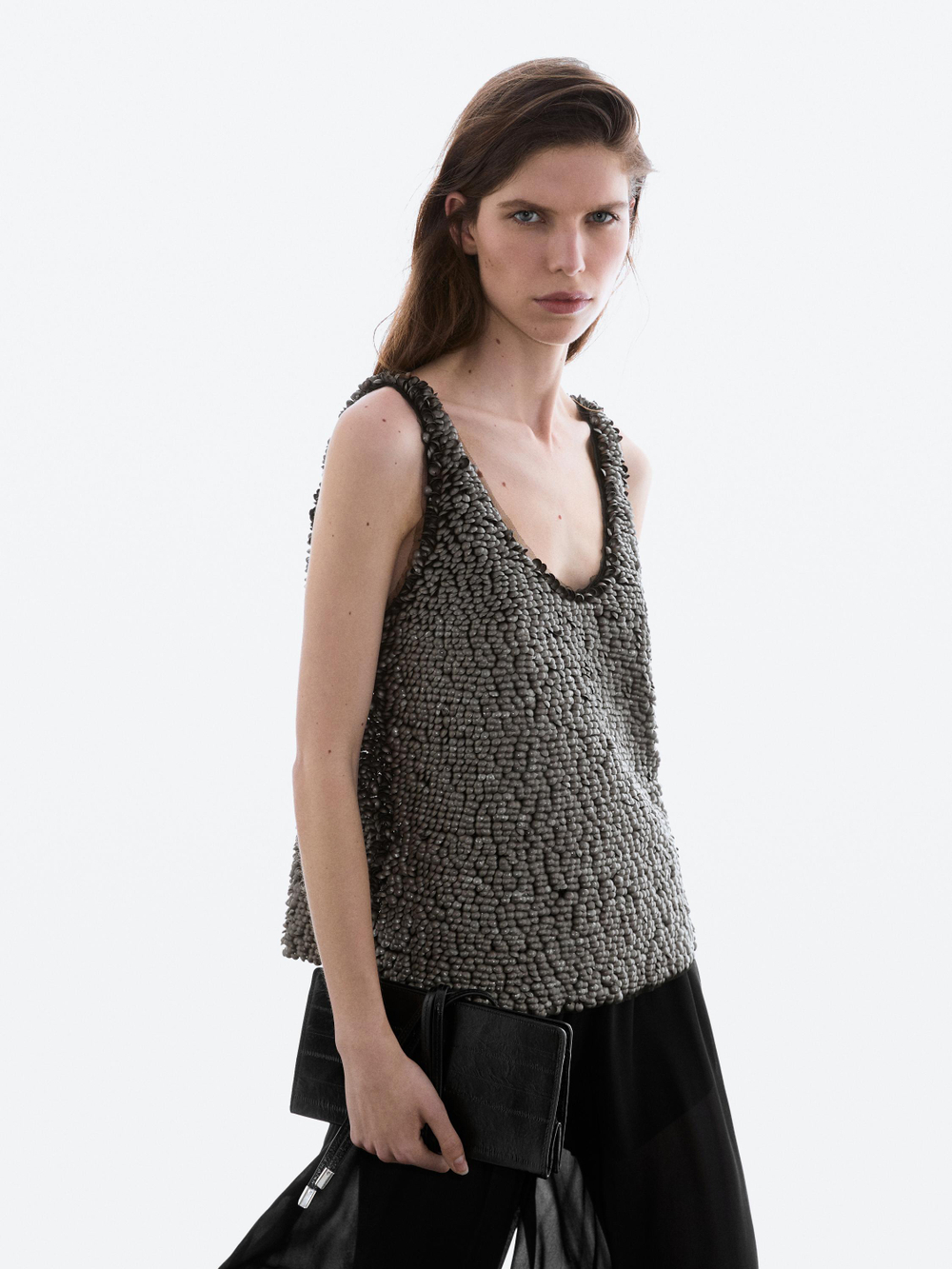 Massimo Dutti Топ с бретелями и бисером, серый