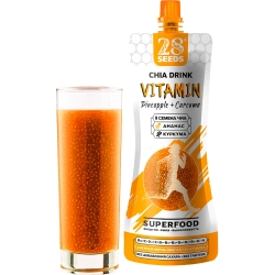 28SEEDS напиток Чиа ВИТАМИН «Ананас + Куркума» 250 мл — напиток в прозрачном стакане с семенами чиа, яркий фруктовый цвет