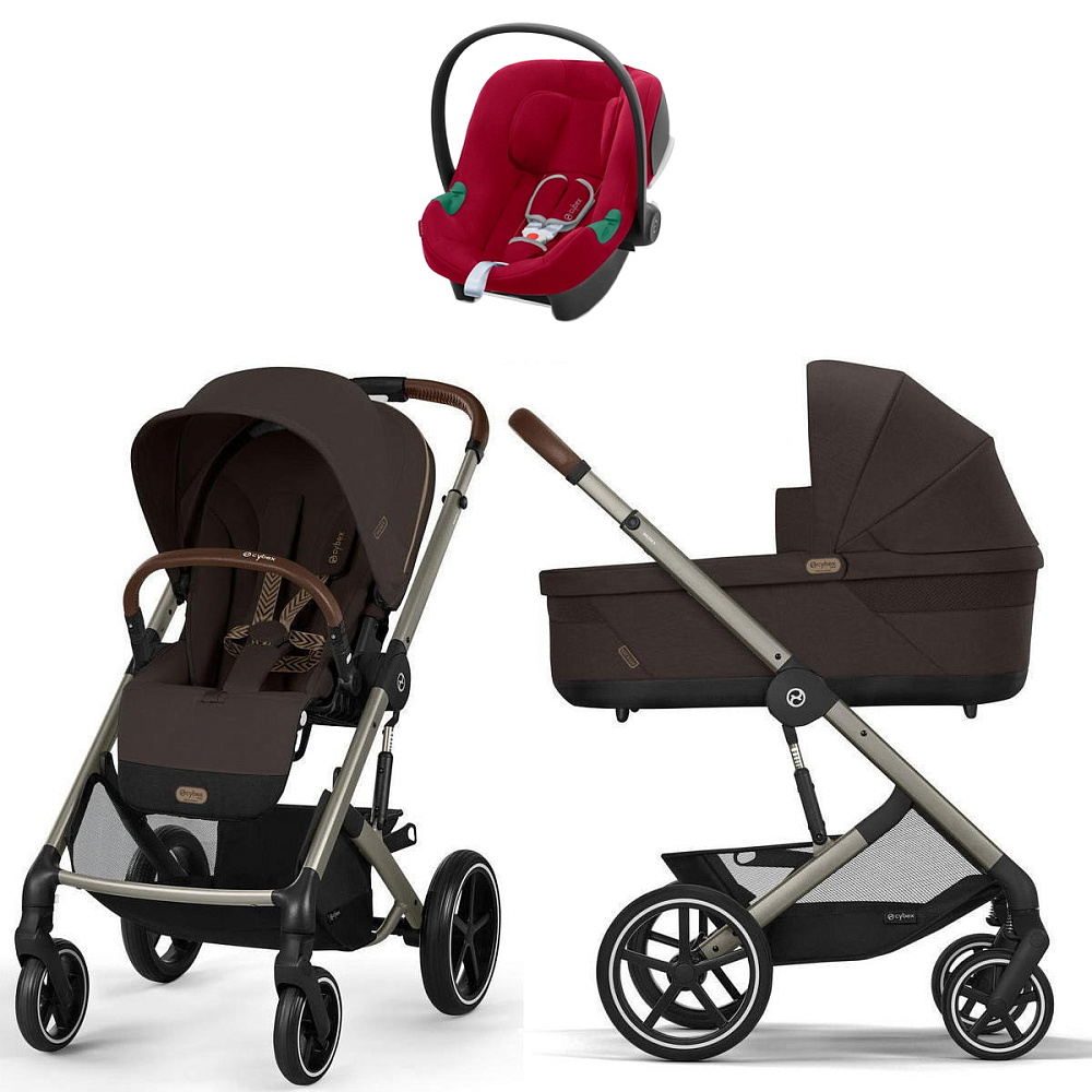 Коляска Cybex Balios S Lux TPE complete Aton B2 Dynamic Red Base One 4 в 1 Chocolate Brown с дождевиками