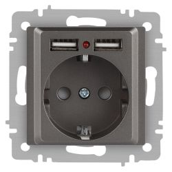 Розетка Intro Accent 6-410-09 с заземлением 2P+E Schuko со шторками 16А-250В + 2хUSB IP20 СУ титан