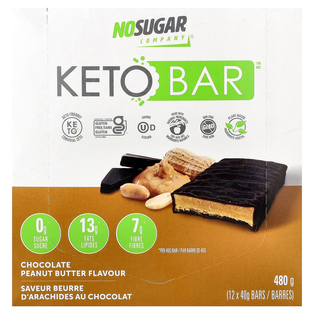 No Sugar Company, Keto Bar™, шоколад и арахисовая паста, 12 батончиков по 40 г