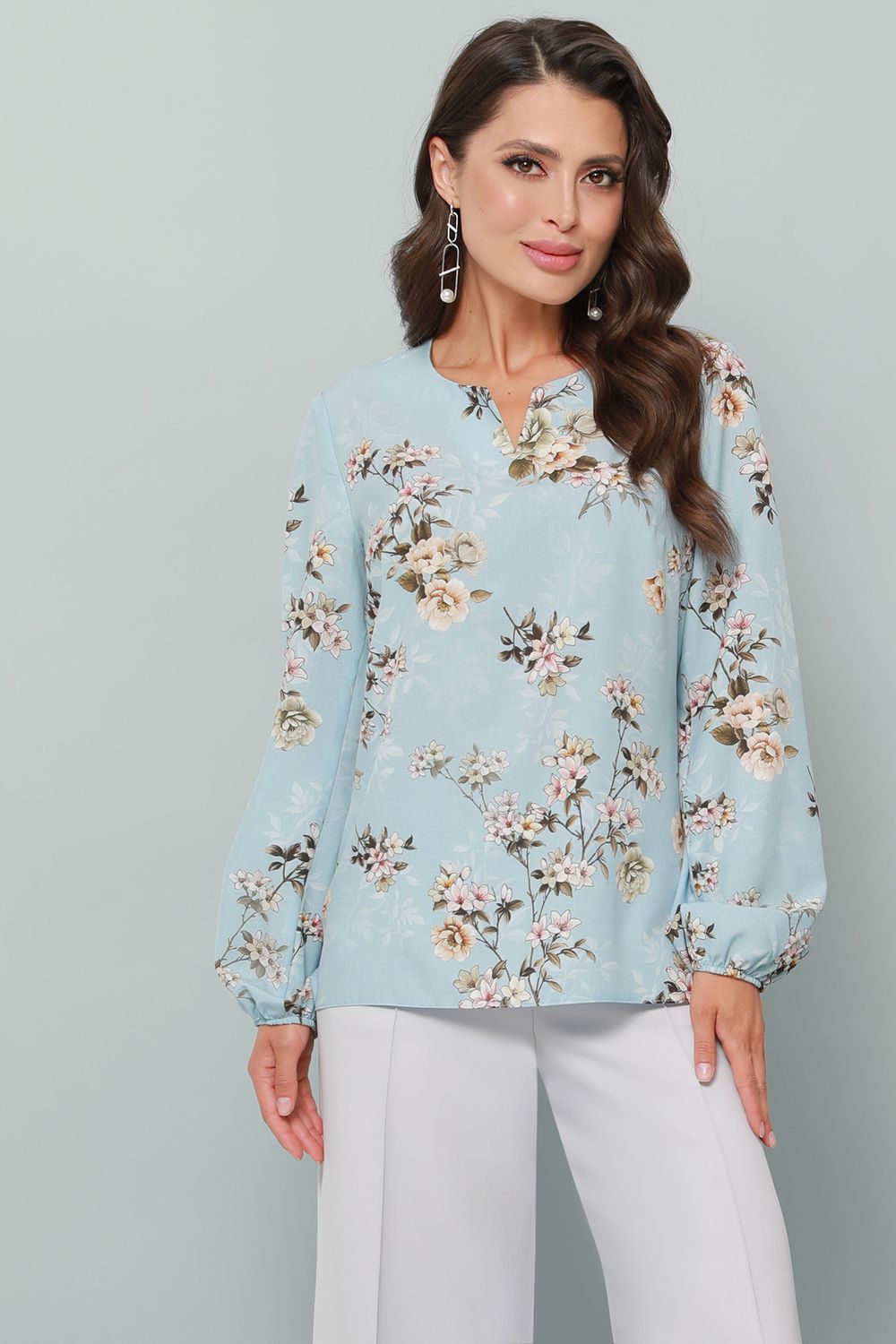 Блузка голубая с цветочным принтом DStrend (Акция)