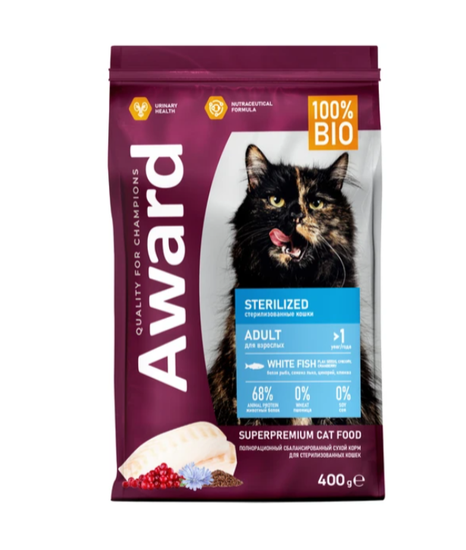 Сухой корм AWARD Sterilized ДЛЯ ВЗРОСЛЫХ СТЕРИЛИЗОВАННЫХ КОШЕК с белой рыбой с добавлением семян льна, клюквы и цикория Сухой корм AWARD Sterilized ДЛЯ ВЗРОСЛЫХ СТЕРИЛИЗОВАННЫХ КОШЕК с белой рыбой с добавлением семян льна, клюквы и цикория