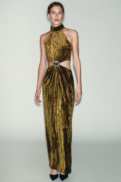 ZARA ПЛАТЬЕ МИДИ С ВЫРЕЗАМИ И СТРАЗАМИ, ОХРА