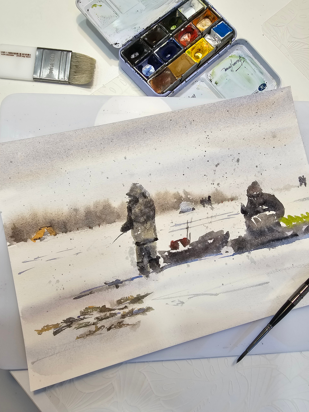 Картина авторская акварельная в паспарту 30х40 см на стену для интерьера "Зимняя рыбалка"