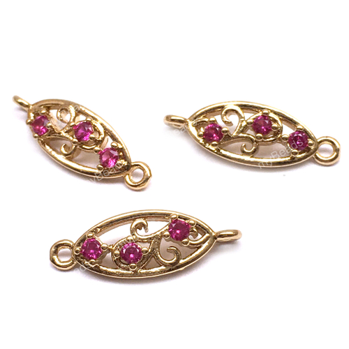 Коннектор с малиновыми фианитами "Растительный узор" 19х6 мм, позолота