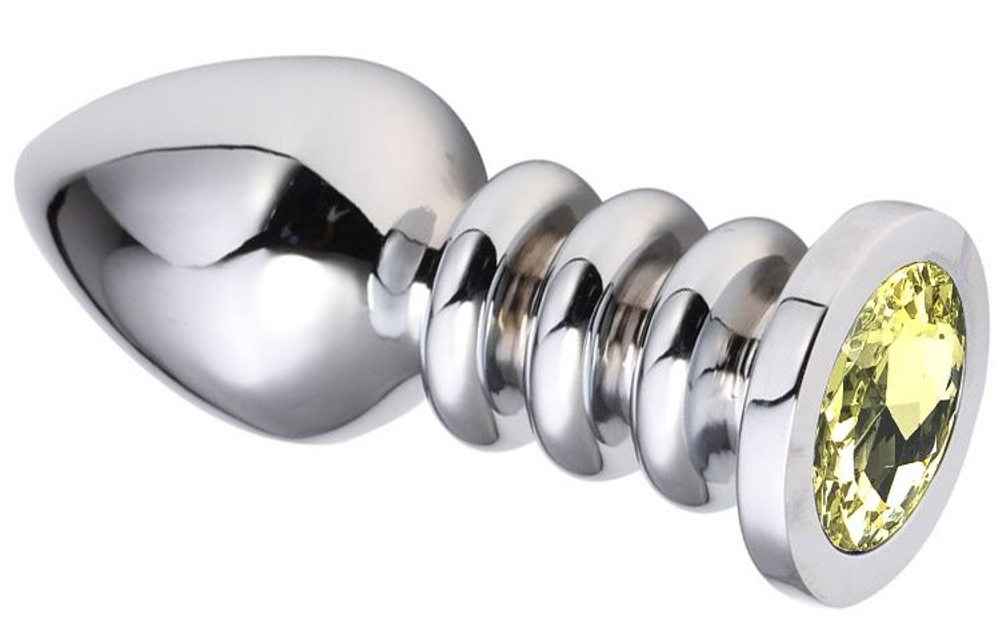 Серебристая анальная пробка на рельефной ножке с желтым кристаллом - 9 см. (Цвет: желтый)