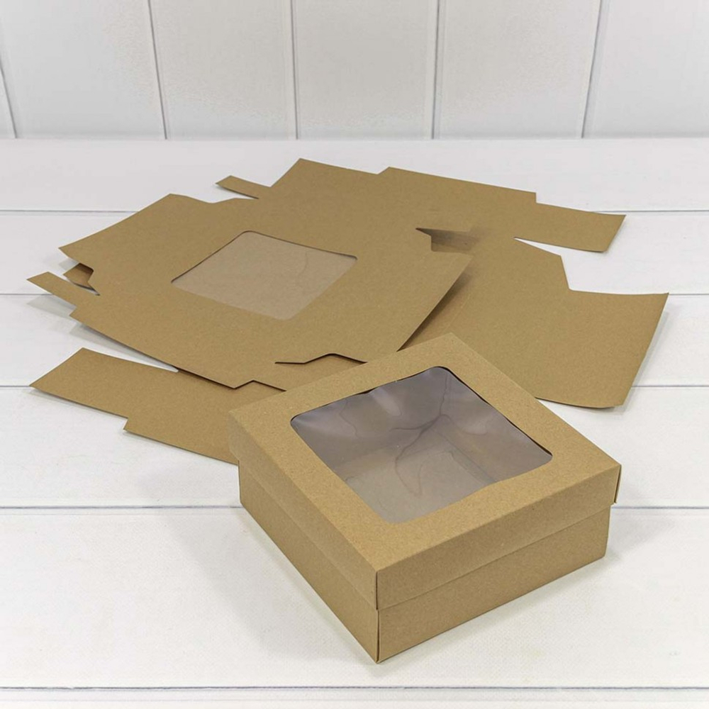 Коробка Для конфет сборная 16.5х16.5х7 см с окошком (Коричневый, Крафт)