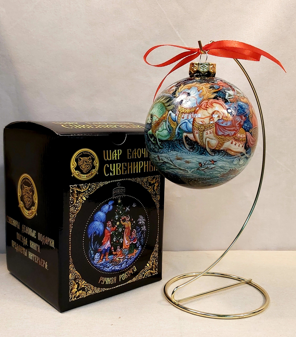 Шар новогодний (круговая роспись Палех) "Зимняя тройка" в коробке
