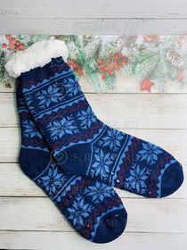 Синие носки домашние женские Снежинка антискользящие новогодние
