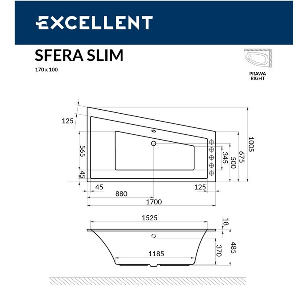 Акриловая ванна Excellent Sfera Slim 170x100 прав. WAEX.SFP17WHS