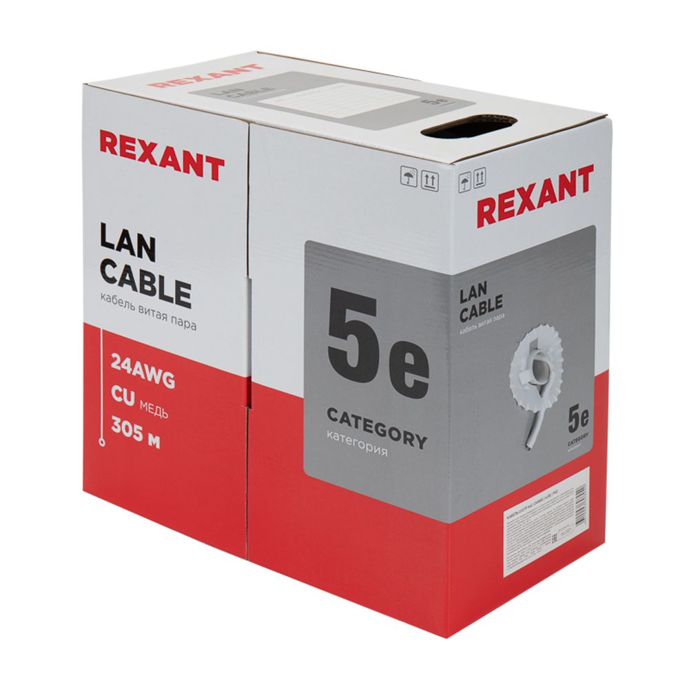 Кабель витая пара U/UTP, CAT 5e, PVC, 4PR, 24AWG, внутренний, однопроволочный, серый, 305м REXANT