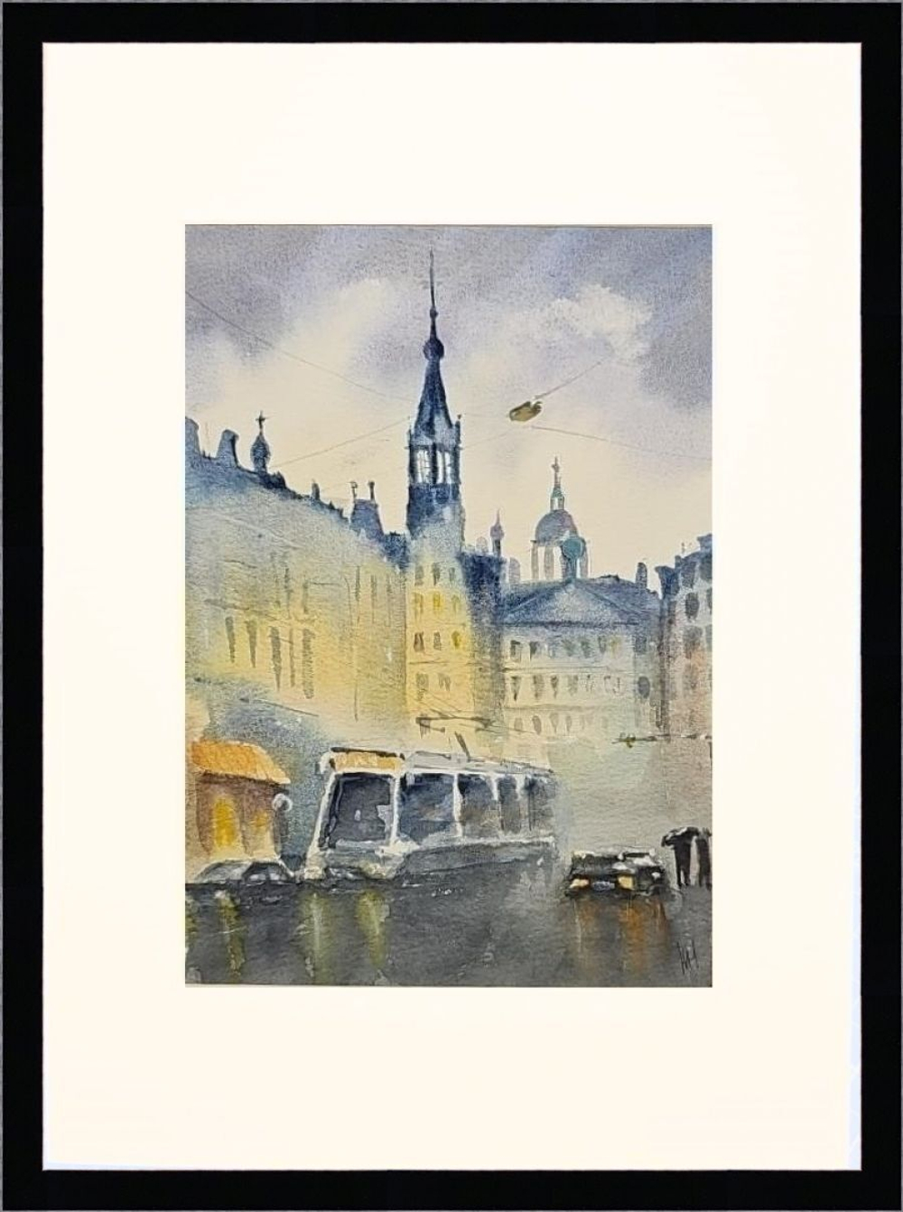 Картина авторская акварельная в паспарту 21х30 см на стену для интерьера "Дождь в Амстердаме"