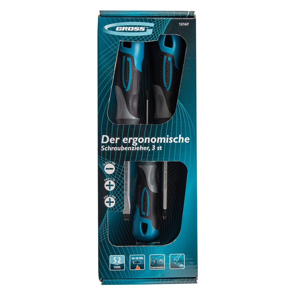 Набор отверток комбинированный 3 шт, S2, трехкомпонентная рукоятка Gross