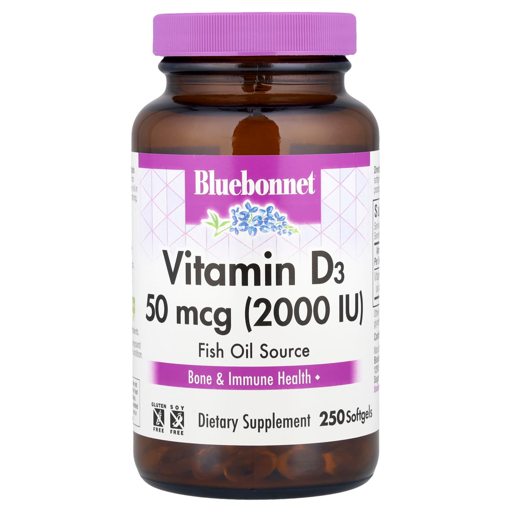 Bluebonnet Nutrition, витамин D3, 50 мкг (2000 МЕ), 250 капсул