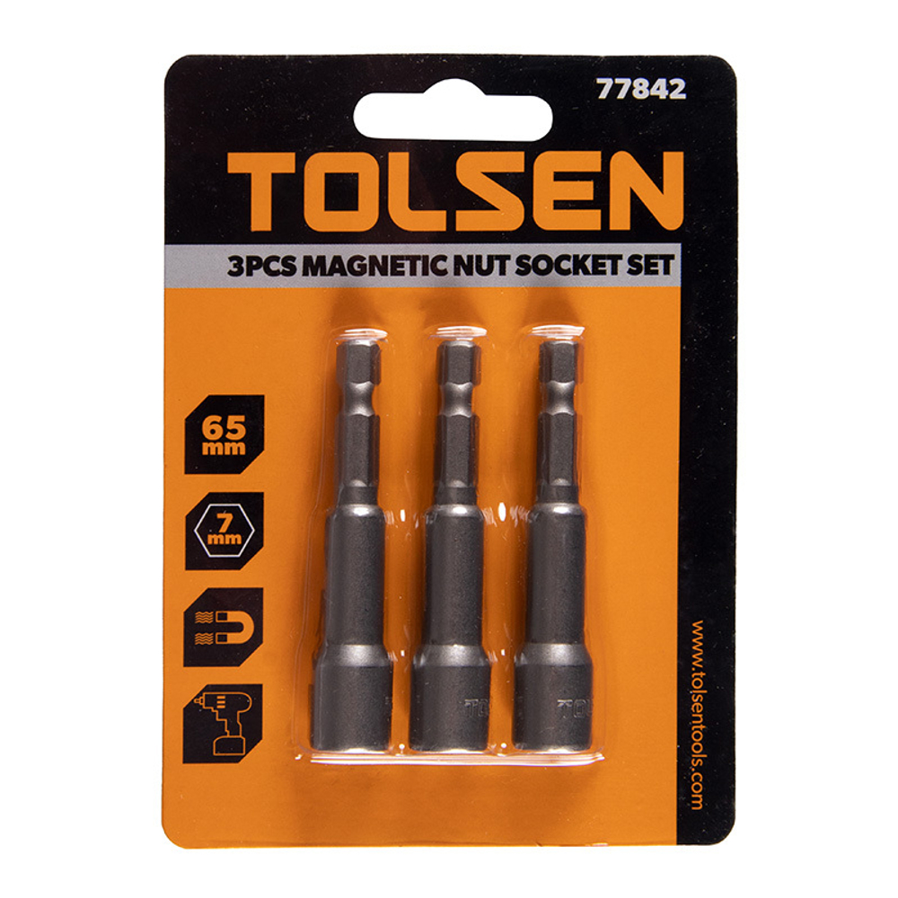 TOLSEN (TT77842) Набор головок для шуруповерта шестигранных 1/4", 7 мм, 65 мм, магнитных, 3 предмета
