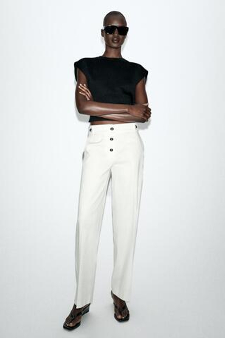 ZARA БРЮКИ С МЕТАЛЛИЧЕСКИМИ ПУГОВИЦАМИ, ЭКРЮ