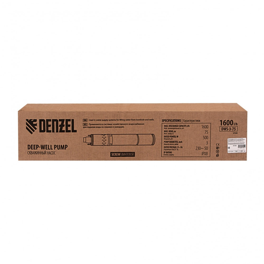 Скважинный насос DWS-3-75, винтовой, диаметр 3", 500 Вт, 1600 л/ч, напор 75 м Denzel