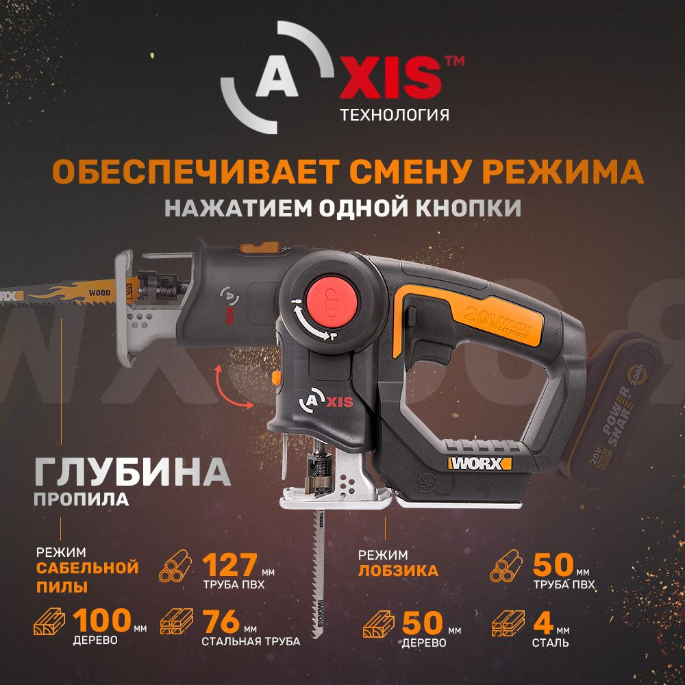 Лобзик-сабельная пила аккумуляторный WORX WX550.9 Axis