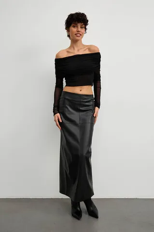 Юбка макси с разрезом сзади из экокожи