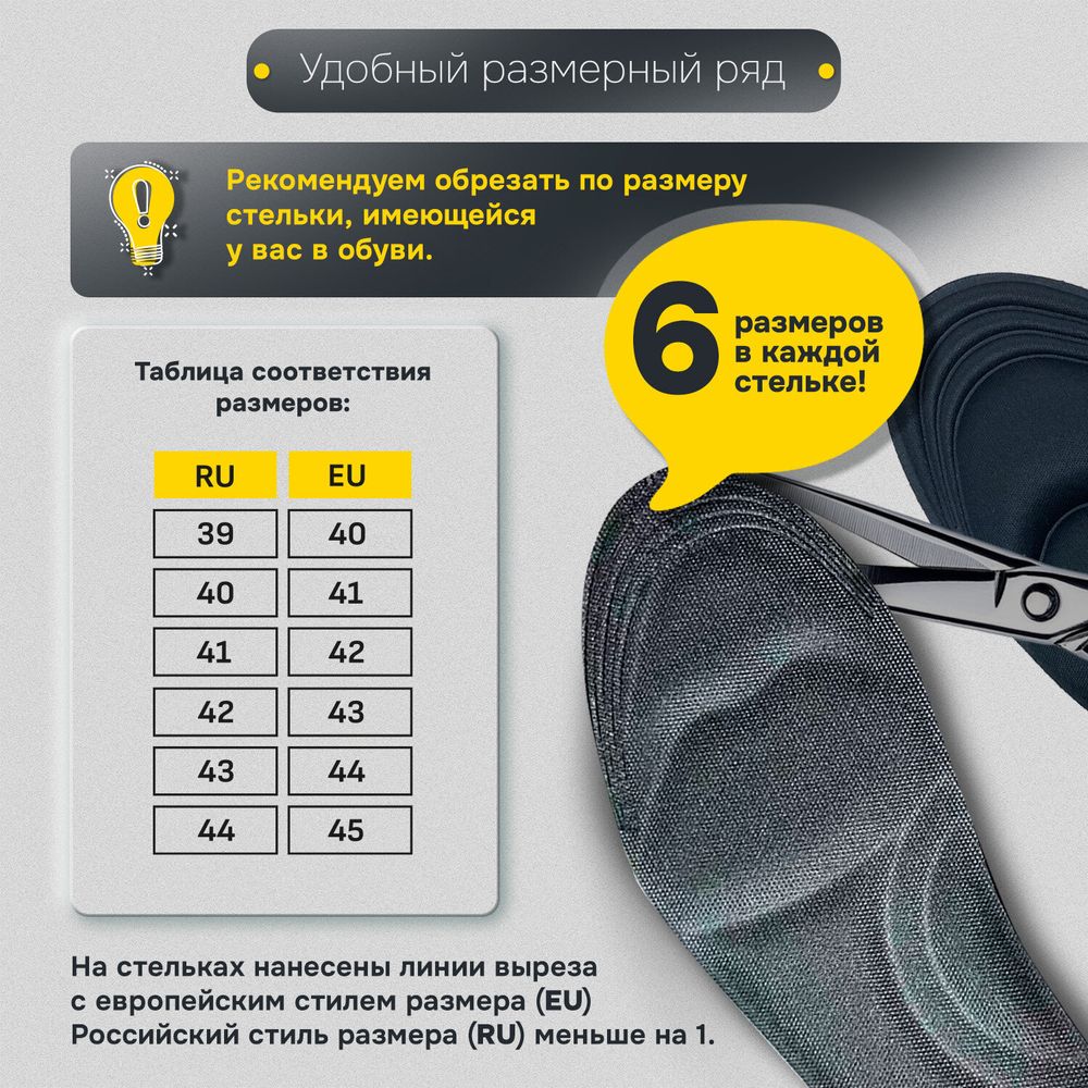 Стельки для обуви с ЭФФЕКТОМ ПАМЯТИ, материал MEMORY FOAM, размер RU 39-44 / EU 40-45, с линиями выреза, SHEGRA (ШЕГРА), 700745