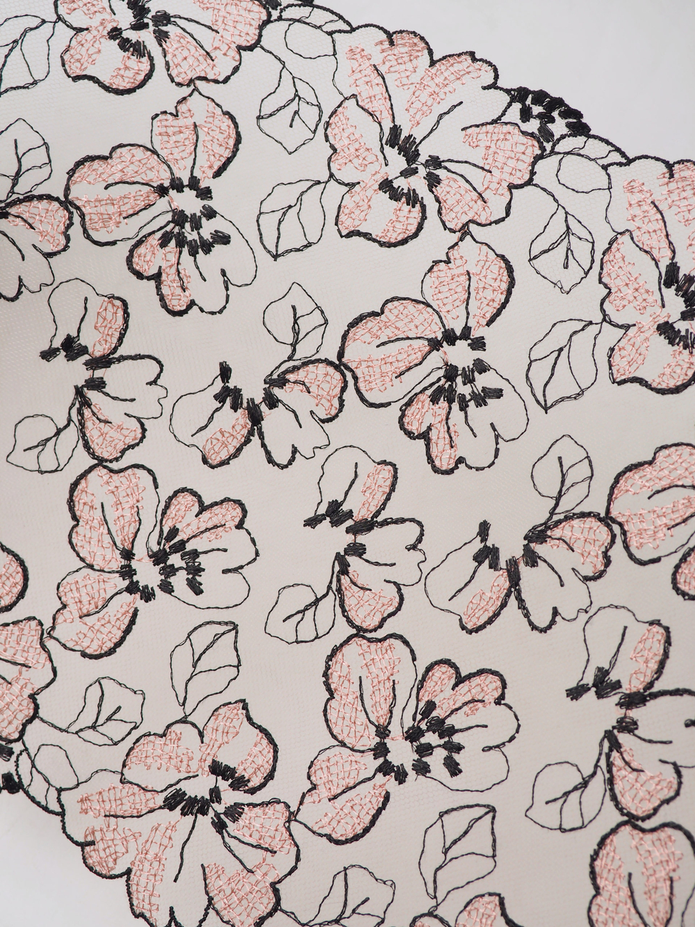 Вышивка на сетке телесная с пудровым и черным ширина 22 см ОТРЕЗЫ